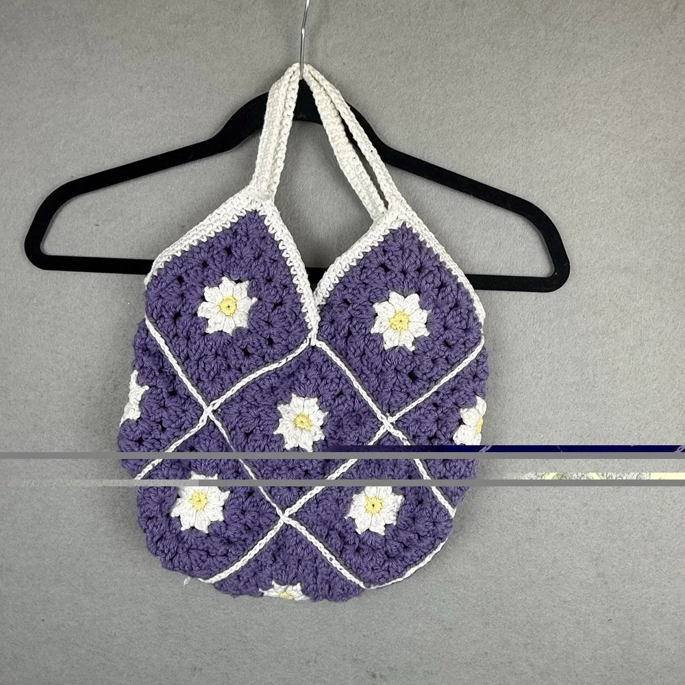 Crochet Top Handle Bag Handmade Granny Square Medium Tote Purse Purple Flower